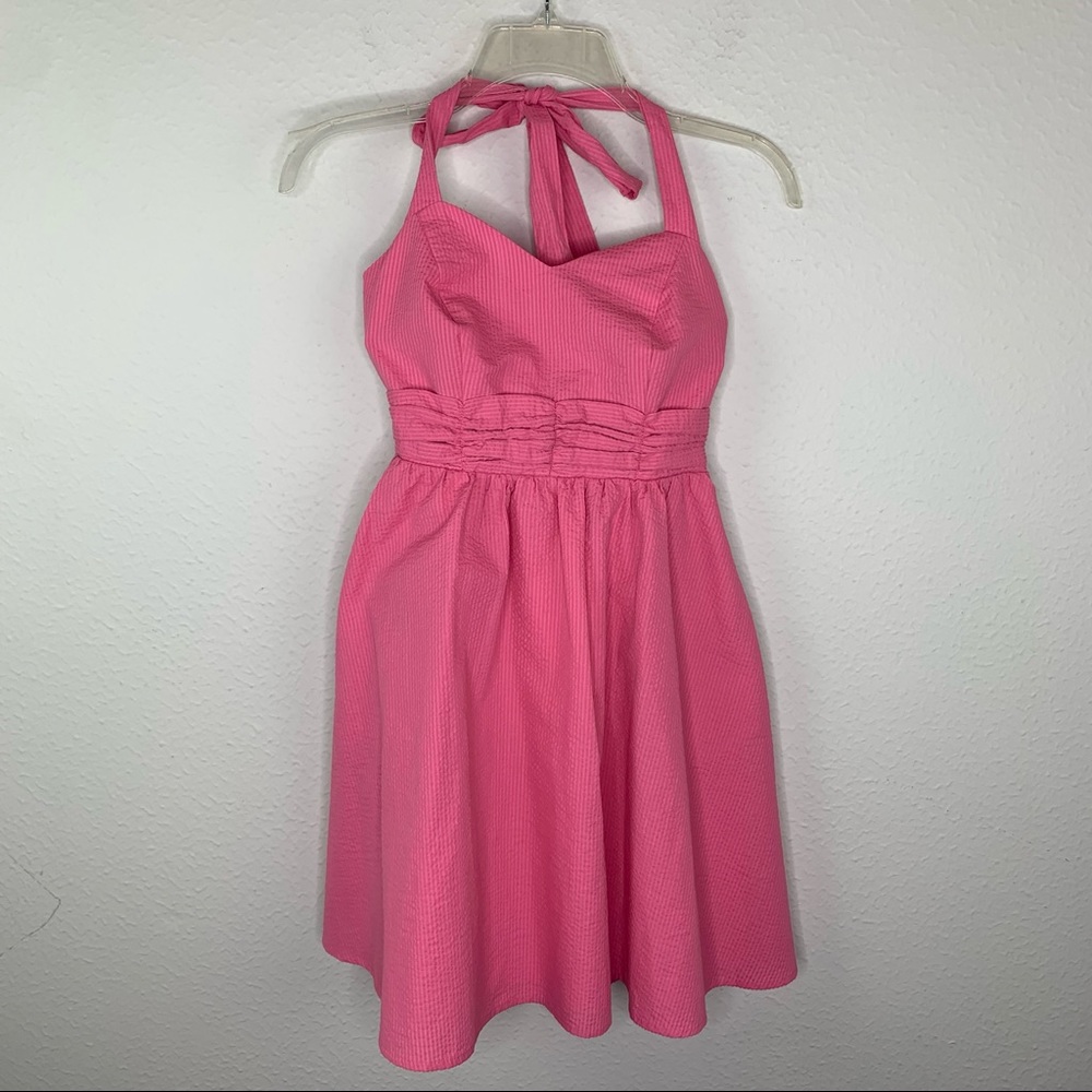 Lauren James Pink Seersucker Halter Dress XS H316 G3 - Picture 2 of 12